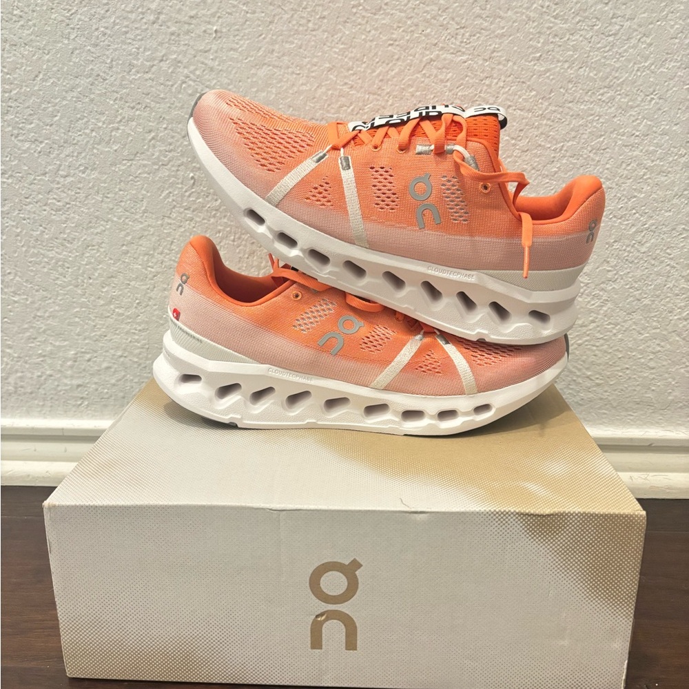 On Running Women's Bright Orange Athletic Shoes On CLOUDSURFER Flame White 11